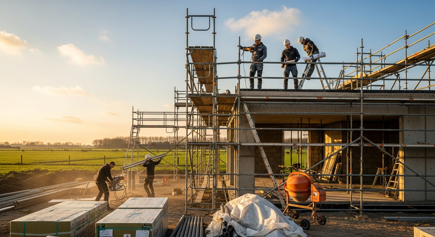 Bouwteam aan het werk op een nieuwbouw villa