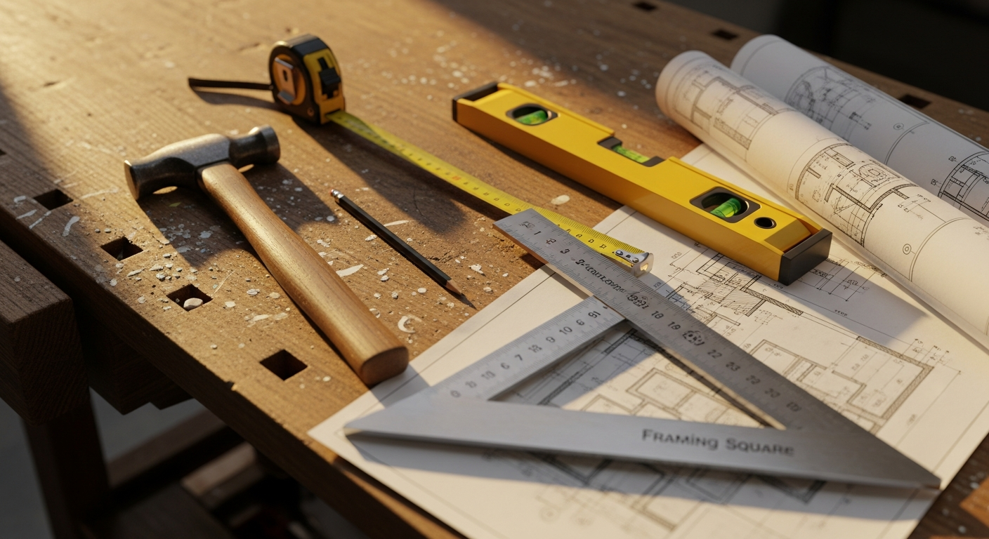 Hoogwaardige bouwgereedschappen op werkbank